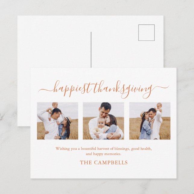 3 Photo Collage Modern Script Thanksgiving Holiday Postcard (Front/Back)