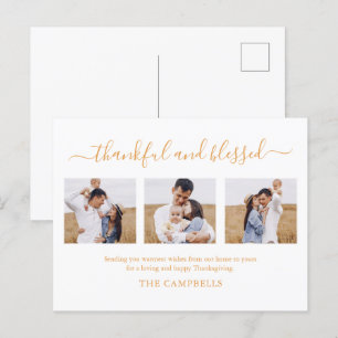 3 Photo Collage Modern Script Thanksgiving Holiday Postcard