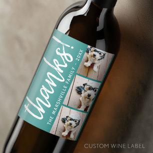 3 Photo Collage - Modern Thank You with Name blue Wine Label
