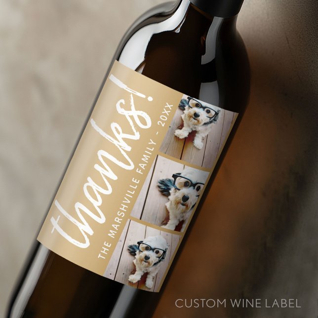 3 Photo Collage - Modern Thank You with Name gold Wine Label (Custom Wine Bottle Label - Personalize a Sticker for a fun gift or memento)