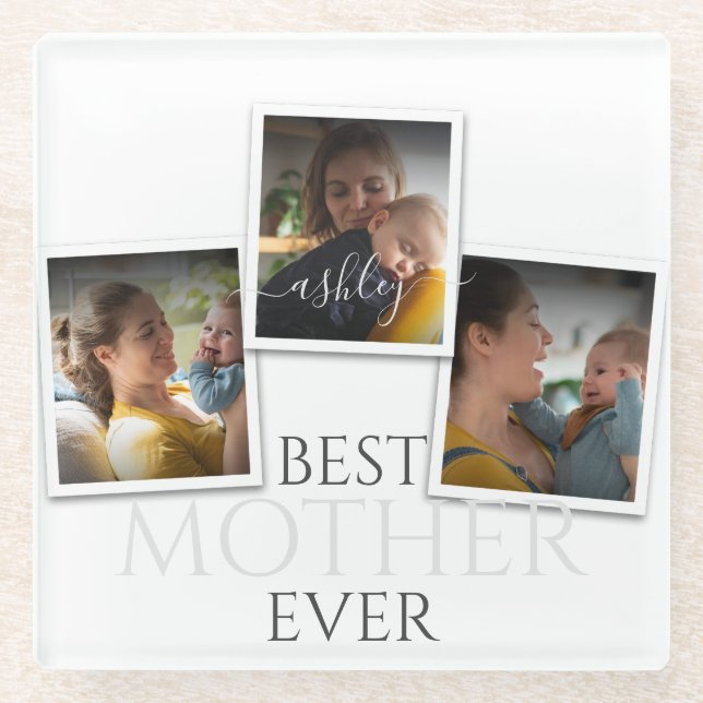 3 Photo Collage Mum Family Memorable Mother's Day Glass Coaster (Front)