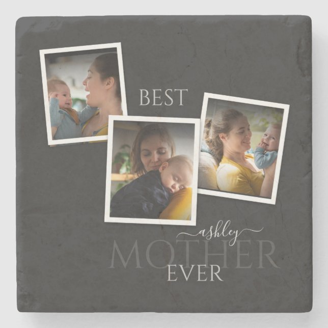 3 Photo Collage Mum Family Memorable Mother's Day Stone Coaster (Front)