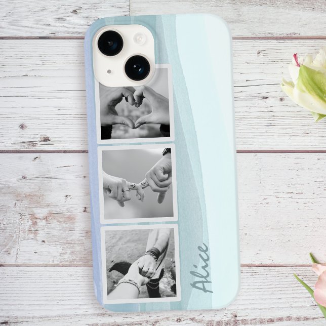 3 Photo Collage Name Trendy Aqua Blue iPhone Case (Upload your 3 photos to this serene aqua blue phone case and add your name)