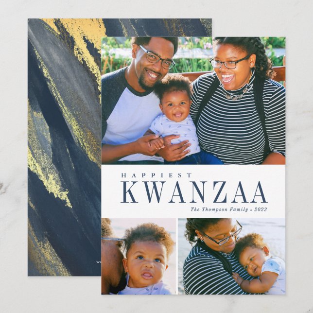 3 Photo Collage Painted Gold Navy Kwanzaa Photo Holiday Card (Front/Back)