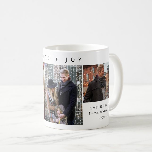 3 Photo Collage Peace and Joy Personalised Holiday Coffee Mug (Front Right)