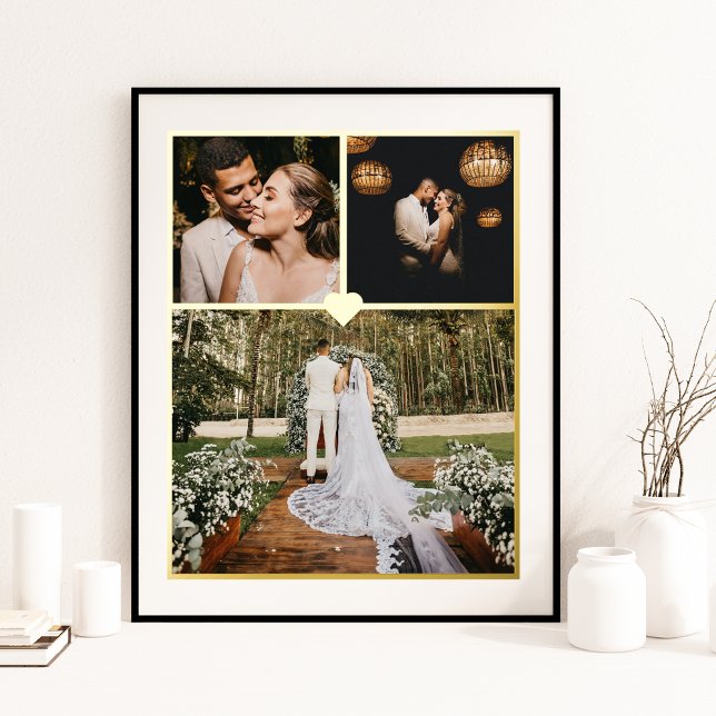 3 Photo Collage Personalised Gold Heart Foil Print (Creator Uploaded)