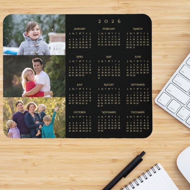 3 Photo Collage Personalized Family 2026 Calendar Mouse Mat (3 Photo Collage Personalized Family 2026 Calendar Mouse Pad)