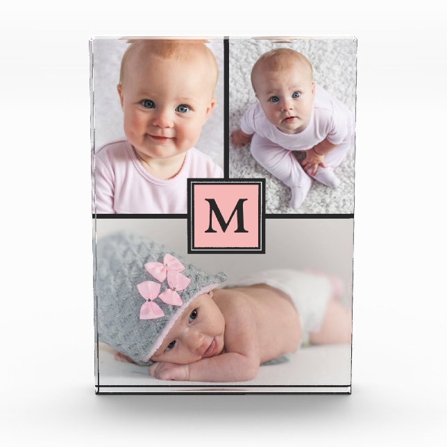 3 Photo Collage Pink Grey Personalised Photo Block (Front)