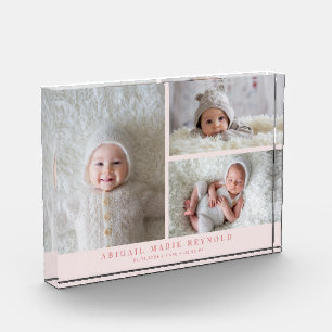 3 Photo Collage Pink New Baby Keepsake  Block