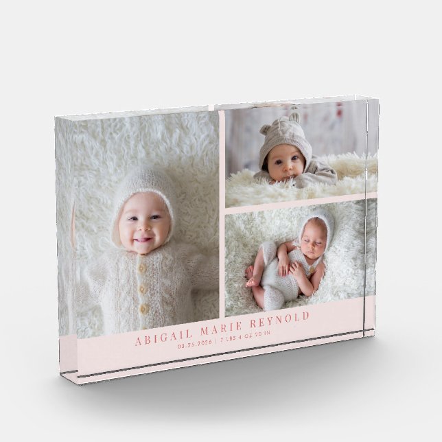 3 Photo Collage Pink New Baby Keepsake  Block (Left)