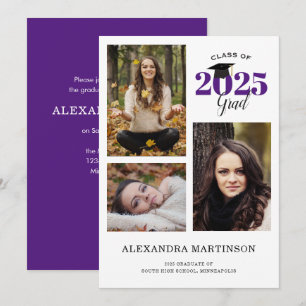 3 Photo Collage Purple Graduation Party Invitation