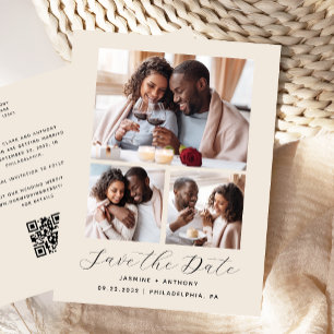 3-Photo Collage QR Code Beige Save the Date Postcard