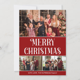 3 Photo Collage Red and White Merry Christmas Holiday Card