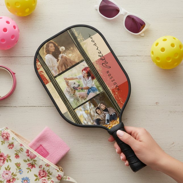 3 Photo Collage Rustic Abstract Personalised Name Pickleball Paddle (Creator Uploaded)
