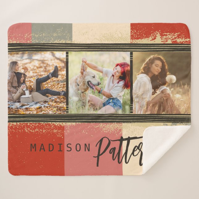 3 Photo Collage Rustic Abstract Personalised Name Sherpa Blanket (Front (Horizontal))