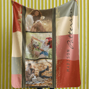 3 Photo Collage Rustic Abstract Personalised Name Sherpa Blanket