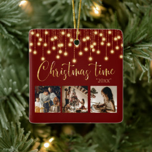 3 Photo Collage Rustic String Lights Ceramic Ornament