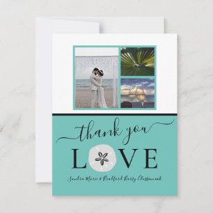 3 Photo collage Sanddollar Teal Black Wedding Tha Thank You Card