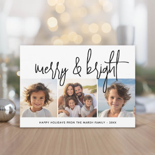 3 Photo Collage Script black white Merry Bright Holiday Card