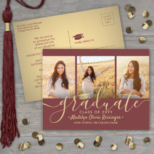 3 Photo Collage Script Burgundy & Gold Graduation Announcement Postcard