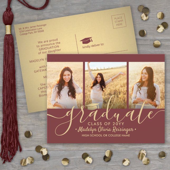3 Photo Collage Script Burgundy & Gold Graduation Announcement Postcard (Creator Uploaded)