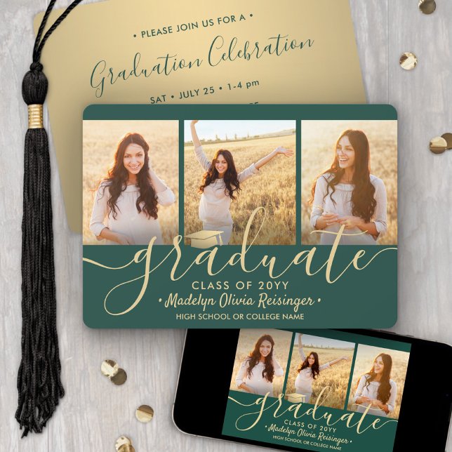 3 Photo Collage Script Green Gold Graduation Party Invitation (Creator Uploaded)