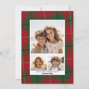 3 Photo Collage Season's Greeting red green plaid Holiday Card