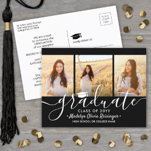 3 Photo Collage Simple Black and White Graduation  Announcement Postcard