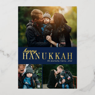 3 Photo Collage Simple Modern Hanukkah  Foil Holiday Card