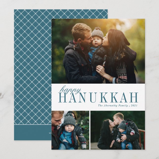 3 Photo Collage Simple Modern Teal Hanukkah Photo Holiday Card (Front/Back)