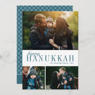 3 Photo Collage Simple Modern Teal Hanukkah Photo Holiday Card