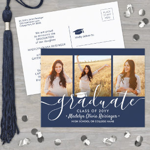 3 Photo Collage Simple Navy Blue White Graduation  Announcement Postcard