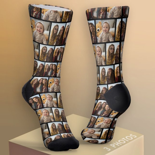 3 Photo Collage - Staggered Pattern - Black Socks (Custom Socks - Add Your Photo Collage)