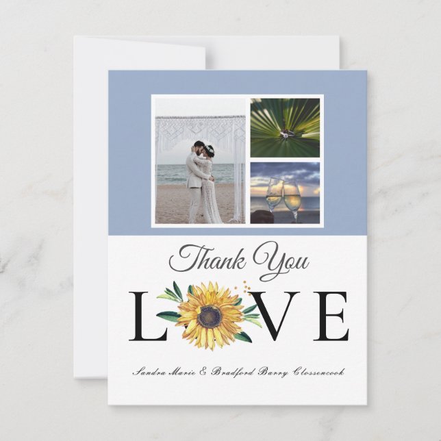 3 Photo collage  Sunflower Dusty Blue Wedding  Thank You Card (Front)