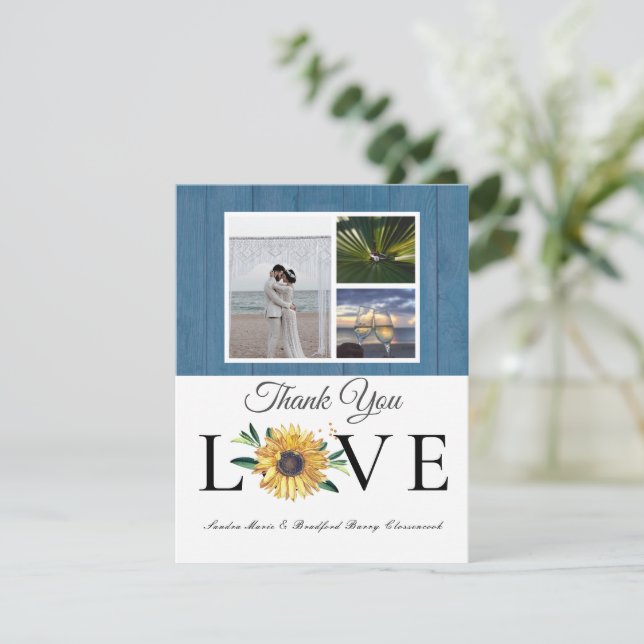 3 Photo collage Sunflower Dusty Blue Wood Wedding  Thank You Card (Standing Front)