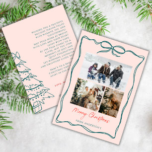 3 Photo Collage Wavy Doodle Frame Bow Christmas Holiday Card