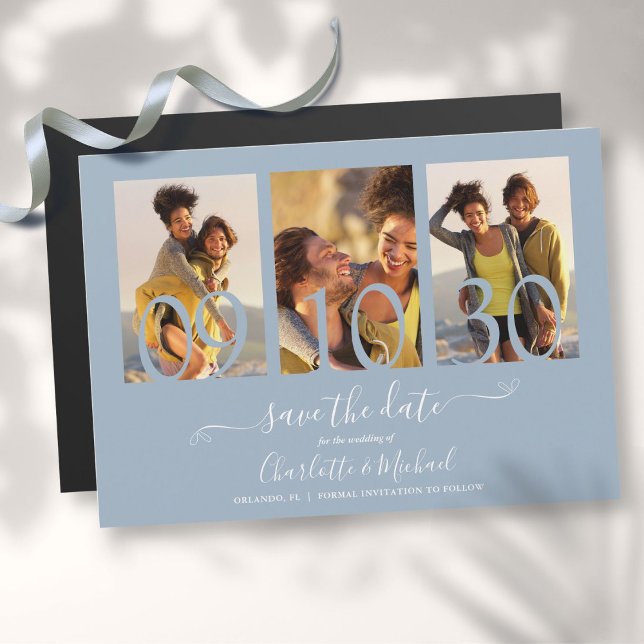 3 Photo Collage Wedding Save The Date Dusty Blue Magnetic Invitation (3 Photo Collage Wedding Save The Date Dusty Blue Magnetic Invitation)