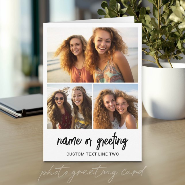 3 Photo Collage with Script Text - black white Card (Photo Greeting Card)