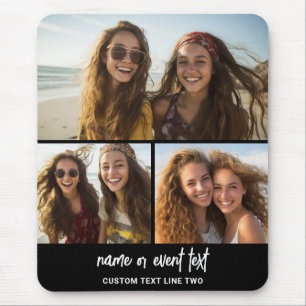 3 Photo Collage with Script Text - black white Mouse Mat