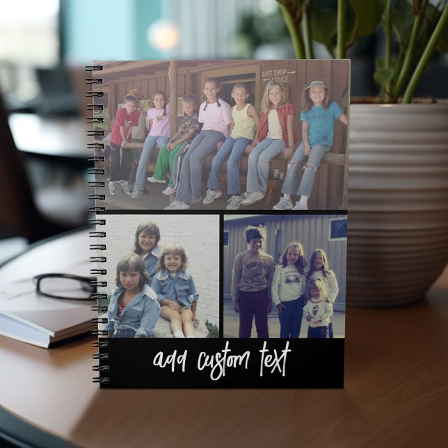 3 Photo Collage with Script Text - black white Notebook (Personalized notebook - add photos and custom text)
