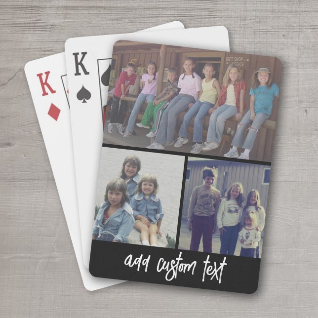 3 Photo Collage with Script Text black white Playing Cards (Personalized Playing Cards - add your photos and text)
