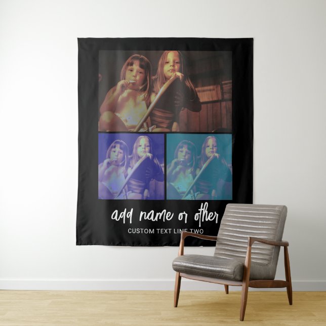 3 Photo Collage with Script Text - black white Tapestry (In Situ)