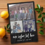 3 Photo Collage with Script Text - black white Tea Towel<br><div class="desc">A fun way to capture memories and share them with friends. Add a horizontal photo,  2 square photos and your favourite caption to make a cool gift for friends.</div>