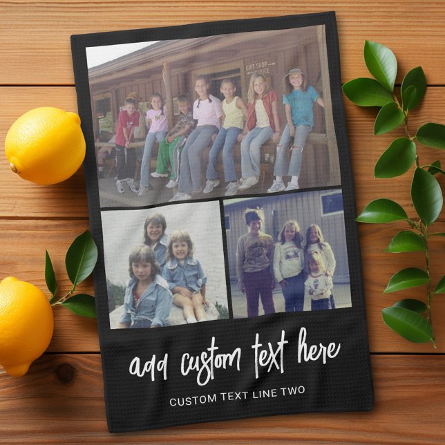 3 Photo Collage with Script Text - black white Tea Towel (Add 3 photos - personalized kitchen towel)