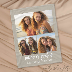 3 Photo Collage with Script Text - taupe white Fleece Blanket