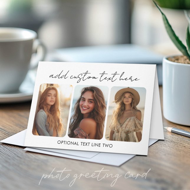 3 Photo Collage with trendy bounce script  Card (Custom Photo Folded Greeting Card)