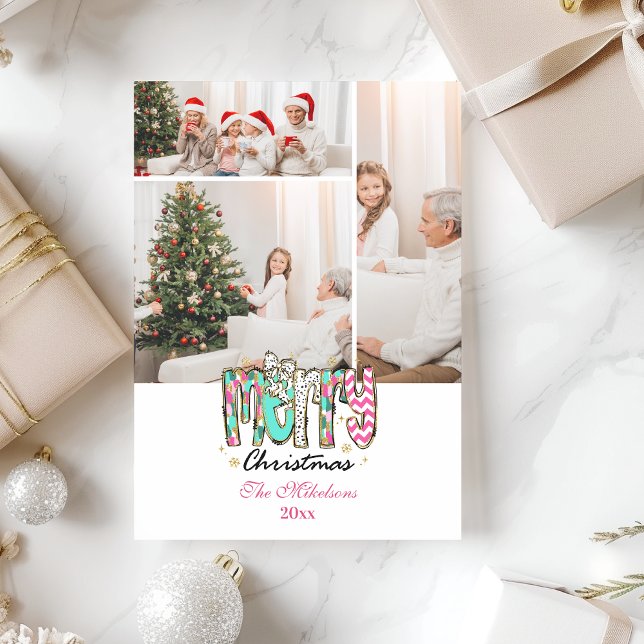 3 Photo Colourful Retro Merry Christmas Holiday Card (Creator Uploaded)
