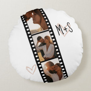 3 Photo Couples Filmstrip Boyfriend Girlfriend  Round Cushion