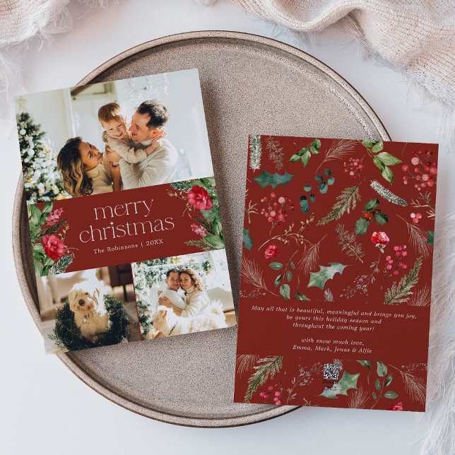 3 Photo Custom Message Red Botanical Christmas Holiday Card (Creator Uploaded)