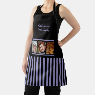 3 photo custom text black purple striped  apron
